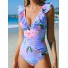 CUPSHE Women’s Ruffled One Piece Swimsuit V Neck Lace Up(Blue/Pink Floral)