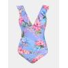 CUPSHE Women’s Ruffled One Piece Swimsuit V Neck Lace Up(Blue/Pink Floral)