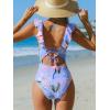 CUPSHE Women’s Ruffled One Piece Swimsuit V Neck Lace Up(Blue/Pink Floral)