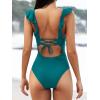 CUPSHE Women’s Ruffled One Piece Swimsuit V Neck Lace Up(Bright Cyan)