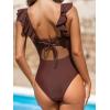 CUPSHE Women’s Ruffled One Piece Swimsuit V Neck Lace Up(Chocolate Brown)