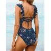 CUPSHE Women’s Ruffled One Piece Swimsuit V Neck Lace Up(Denim Blue Floral)