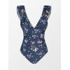 CUPSHE Women’s Ruffled One Piece Swimsuit V Neck Lace Up(Denim Blue Floral)