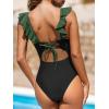 CUPSHE Women’s Ruffled One Piece Swimsuit V Neck Lace Up(Forest Green/Black)