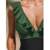 CUPSHE Women’s Ruffled One Piece Swimsuit V Neck Lace Up(Forest Green/Black)