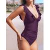 CUPSHE Women’s Ruffled One Piece Swimsuit V Neck Lace Up(Grape Purple)