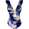 CUPSHE Women’s Ruffled One Piece Swimsuit V Neck Lace Up(Navy Blue / Daisy)
