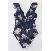 CUPSHE Women’s Ruffled One Piece Swimsuit V Neck Lace Up(Navy Floral)