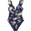 CUPSHE Women’s Ruffled One Piece Swimsuit V Neck Lace Up(Navy Floral)