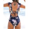 CUPSHE Women’s Ruffled One Piece Swimsuit V Neck Lace Up(Navy Floral)
