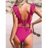 CUPSHE Women’s Ruffled One Piece Swimsuit V Neck Lace Up(Neon Pink)