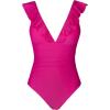 CUPSHE Women’s Ruffled One Piece Swimsuit V Neck Lace Up(Neon Pink)