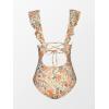 CUPSHE Women’s Ruffled One Piece Swimsuit V Neck Lace Up(Orange Ditsy Print)