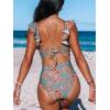 CUPSHE Women’s Ruffled One Piece Swimsuit V Neck Lace Up(Pine Green/Red Floral)