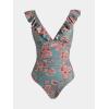 CUPSHE Women’s Ruffled One Piece Swimsuit V Neck Lace Up(Pine Green/Red Floral)