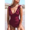 CUPSHE Women’s Ruffled One Piece Swimsuit V Neck Lace Up(Red)