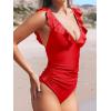 CUPSHE Women’s Ruffled One Piece Swimsuit V Neck Lace Up(Solid Red)