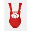 CUPSHE Women’s Ruffled One Piece Swimsuit V Neck Lace Up(Solid Red)