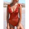 CUPSHE Women’s Ruffled One Piece Swimsuit V Neck Lace Up(Sparkle Red)