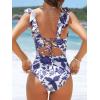 CUPSHE Women’s Ruffled One Piece Swimsuit V Neck Lace Up(White/Navy Floral)