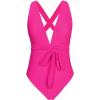 CUPSHE Women’s Stripe Bikini Bowknot Shirred Swimsuit(Neon Pink)