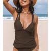 CUPSHE Women’s Tankini Top Deep V Neck Swimsuit Crisscross Adjustable Straps Swimwear Top Only Ruched Bathing Suit(Brown)