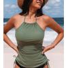 CUPSHE Women’s Tankini Top Swimsuit Tummy Control Swim Top Only High Neck Halter Tie Drawstring Bathing Suit Top(Olive Green)