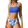 CUPSHE Bikini Set for Women Two Piece Swimsuit Bandeau Top Back Tie Mid Waisted Bottom with Removable Shoulder Straps(Blue Paisley)