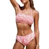 CUPSHE Bikini Set for Women Two Piece Swimsuit Bandeau Top Back Tie Mid Waisted Bottom with Removable Shoulder Straps(Coral/Floral)