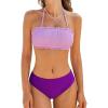 CUPSHE Bikini Set for Women Two Piece Swimsuit Bandeau Top Back Tie Mid Waisted Bottom with Removable Shoulder Straps(Lavender/Dark Purple)