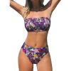 CUPSHE Bikini Set for Women Two Piece Swimsuit Bandeau Top Back Tie Mid Waisted Bottom with Removable Shoulder Straps(Purple/Floral)