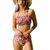 CUPSHE Bikini Set for Women Two Piece Swimsuit Bandeau Top Back Tie Mid Waisted Bottom with Removable Shoulder Straps(Vibrant Floral Print)