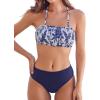 CUPSHE Bikini Set for Women Two Piece Swimsuit Bandeau Top Back Tie Mid Waisted Bottom with Removable Shoulder Straps(White/Blue Floral)