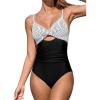 CUPSHE One Piece Swimsuit for Women Bathing Suits Twist Front Cutout Adjustable Straps Ruched Swimwear(Black/White/Stripe)