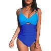 CUPSHE One Piece Swimsuit for Women Bathing Suits Twist Front Cutout Adjustable Straps Ruched Swimwear(Blue Color Block)