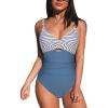 CUPSHE One Piece Swimsuit for Women Bathing Suits Twist Front Cutout Adjustable Straps Ruched Swimwear(Misty Blue/Striped)