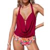 CUPSHE Tankini Bathing Suit for Women Halter Deep V Cowl Neck Low Back Swimsuit(Red/Floral)