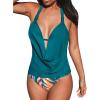 CUPSHE Tankini Bathing Suit for Women Halter Deep V Cowl Neck Low Back Swimsuit(Teal Blue/Tropical)