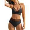 CUPSHE Women’s Bikini Sets Halter V Neck Self Tied Straps Bathing Suit High Rise Mesh Edge Light Support(Black)