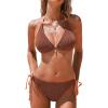 CUPSHE Women’s Bikini Sets Halter V Neck Self Tied Straps Textured Bathing Suit Low Rise Bottom Side Drawstring(Burnt Orange)