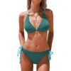 CUPSHE Women’s Bikini Sets Halter V Neck Self Tied Straps Textured Bathing Suit Low Rise Bottom Side Drawstring(Teal)