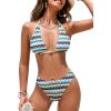 CUPSHE Women’s Bikini Sets Two Piece Bathing Suit Halter Plunging Neck Open Back, Low Rise High Cut Cheeky Bottom(Yellow/Blue Stripe)
