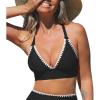 CUPSHE Womens Bikini Top Swimsuit Deep V Neck Top Crisscross Back Tie Shell Stitching Adjustable Straps(Black)