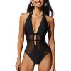 CUPSHE Women’s One Piece Swimsuit Bathing Suit Deep V Neck Halter Back Tie Mesh Swimwear(Black)