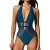 CUPSHE Women’s One Piece Swimsuit Bathing Suit Deep V Neck Halter Back Tie Mesh Swimwear(Blue)