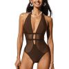 CUPSHE Women’s One Piece Swimsuit Bathing Suit Deep V Neck Halter Back Tie Mesh Swimwear(Brown)