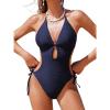 CUPSHE Women’s One Piece Swimsuit Bathing Suit Halter Cutout Pluning Neck Backless Self Tie Textured(Navy Blue)
