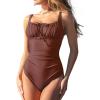 CUPSHE Women’s One Piece Swimsuit Bathing Suit Square Neck Back Cut Out Drawstring Self Tie Back Hook(Coffee Brown)