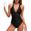 CUPSHE Women’s One Piece Swimsuit Halter V Neck Self Tied Straps Bathing Suit Mesh Edge Standard Coverage(Black)