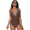 CUPSHE Women’s One Piece Swimsuit V Neck Shell Stitched Bathing Suit Adjustable Crisscross Strappy Ruched Swimwear(Brown/Teal)